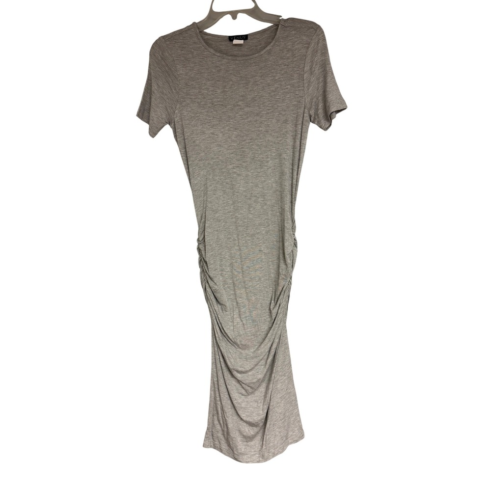 Venus Womens Gray Ruched Side Bodycon Midi Dress Short Sleeve Crew Neck Small